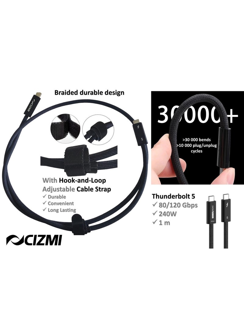 سيزمي ✦ كابل Thunderbolt 5 بسرعة 80Gbps (حتى 120Gbps مع Bandwidth Boost) | شحن فائق 240W عبر EPR Power Delivery PD 3.1 | USB-C | يدعم 16K UHD و8K@120Hz و4K@540Hz | USB4 Gen4 | متوافق مع iPhone وغيرها | تصميم مضفّر، بطول 1 متر + شريط تثبيت Hook-and-Loop - Image 2