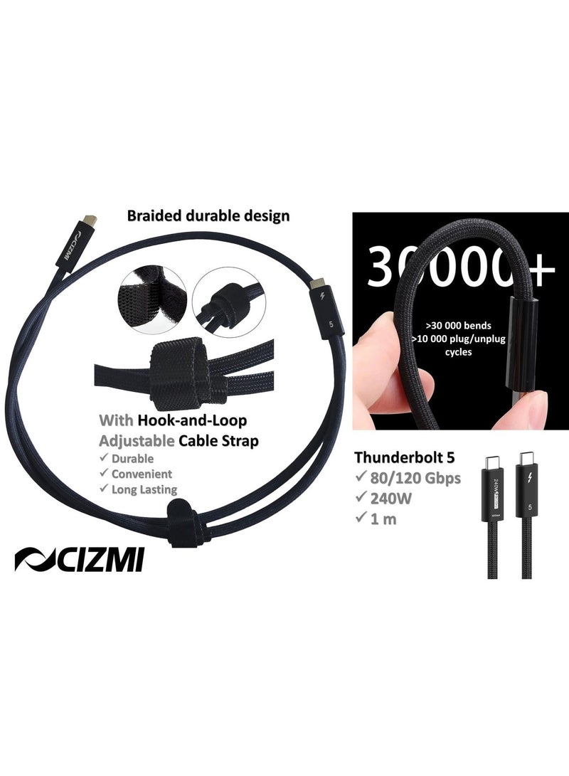 CIZMI ✦ Thunderbolt 5 80Gbps - 120Gbps | 240W Super Charging EPR Power Delivery PD 3.1 Cable | USB-C | 16K UHD 8K@120Hz 4K@540Hz | USB4 Gen4 |Compatible with iPhone & More | Braided, 1m + Hook-and-Loop Strap - Image 3