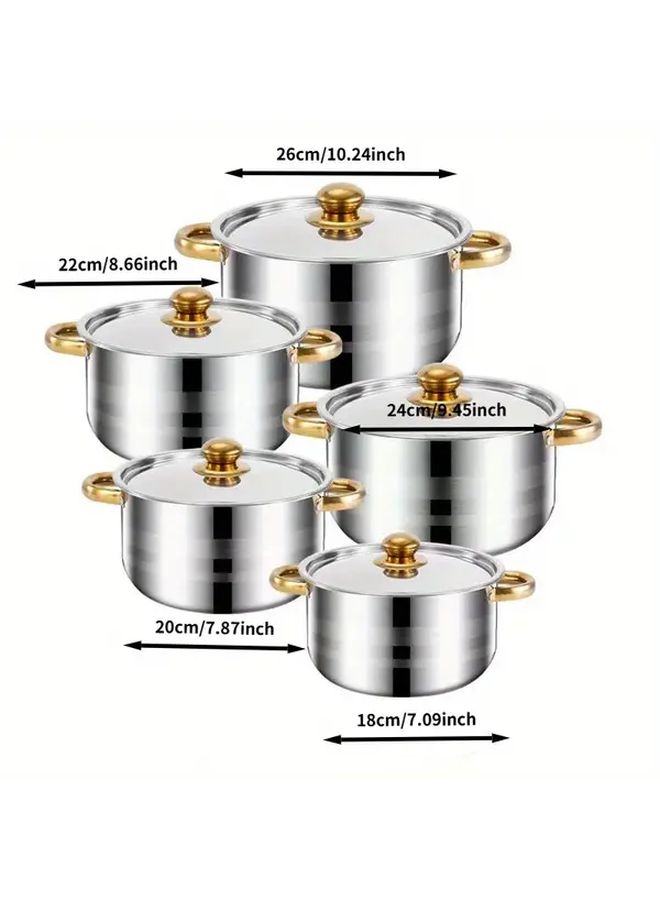 5pcs Stainless Steel Cookware Set With Steel Lid Golden Ear Soup Pot - Image 3