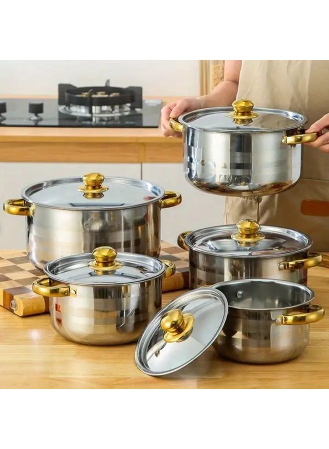 5pcs Stainless Steel Cookware Set With Steel Lid Golden Ear Soup Pot - Image 1
