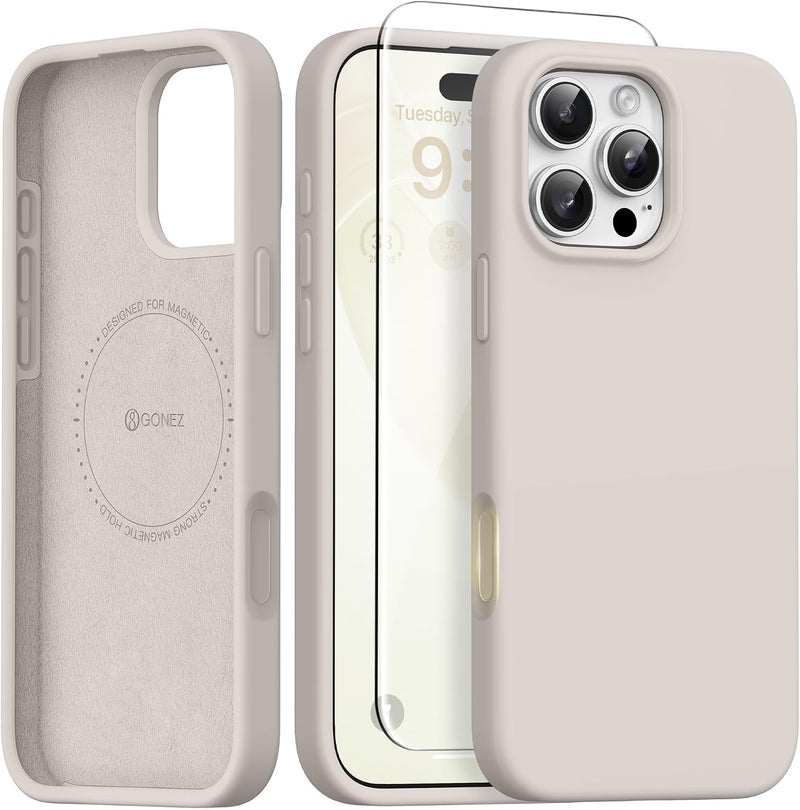 GONEZ Magnetic for iPhone 16 Pro Case, Compatible with MagSafe, [2 Screen Protector + 2 Camera Lens Protector], Silicone Shockproof Anti-Scratch Protective Phone Case 6.3 inch, Stone - Image 1