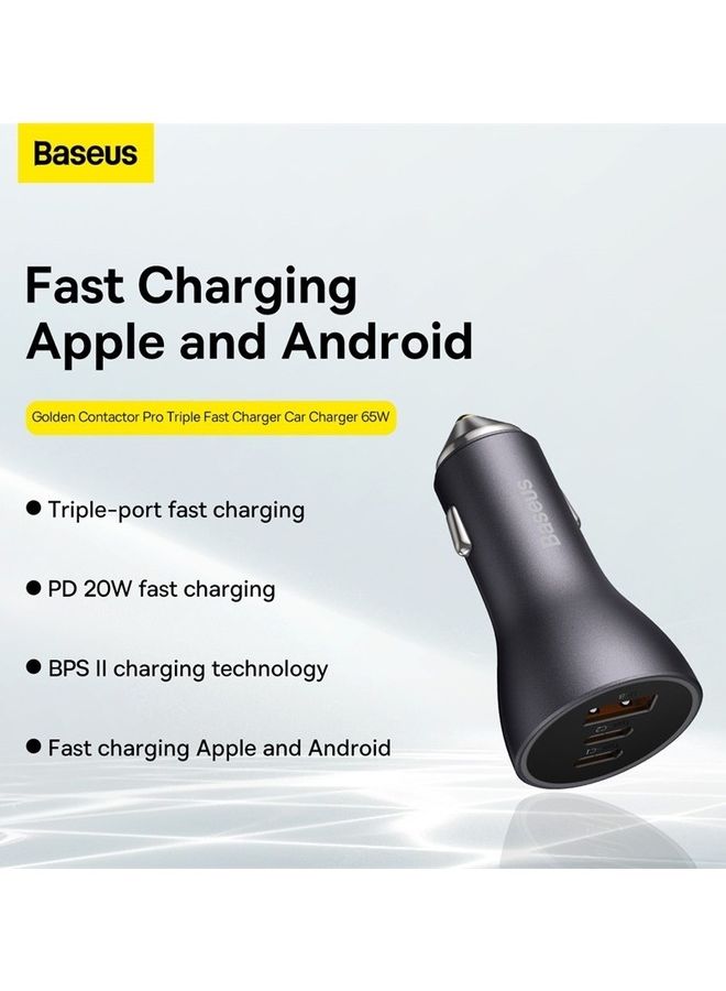 بيسوس "محول شاحن سيارة سريع للهواتف المحمولة بمنفذ USB C بقدرة 65 وات من 3 منافذ مع تقنية PD وتقنية الشحن السريع 3.0 متوافق مع هاتف آيفون 14 برو ماكس/14 برو/13 برو وجهاز آي باد برو وماك بوك أسود" أسود - Image 2