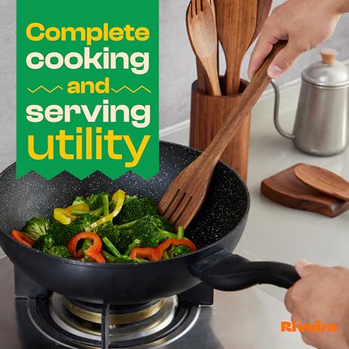 Riveira Teak Wooden Cooking Utensils Set of 6 Premium Quality Non-Toxic Wooden Spoons & Spatula for Cooking, Stirring & Serving - Image 3