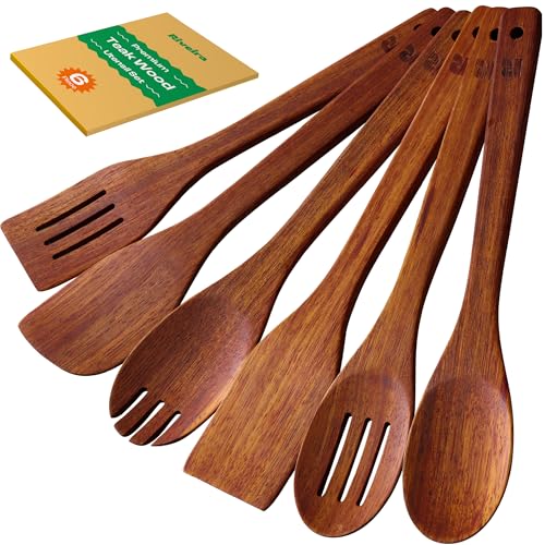 Riveira Teak Wooden Cooking Utensils Set of 6 Premium Quality Non-Toxic Wooden Spoons & Spatula for Cooking, Stirring & Serving - Image 1