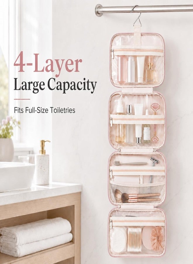 Hanging Toiletry Bag with Hook, Large 4-Layer Waterproof Travel Organizer for Full-Size Bottles, Makeup & Toiletries Bag for Women & Men (Pink) - Image 2