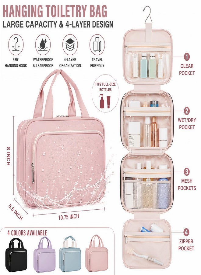 Hanging Toiletry Bag with Hook, Large 4-Layer Waterproof Travel Organizer for Full-Size Bottles, Makeup & Toiletries Bag for Women & Men (Pink) - Image 3