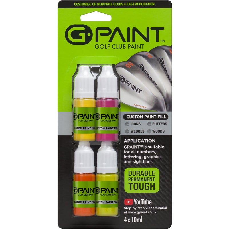 G-Paint Golf Club Paint - Touch Up, Fill in, Customize or Renovate Your Clubs - 4 Pack of 10ml Bottles. Yellow, Pink, Orange & Green - Image 1