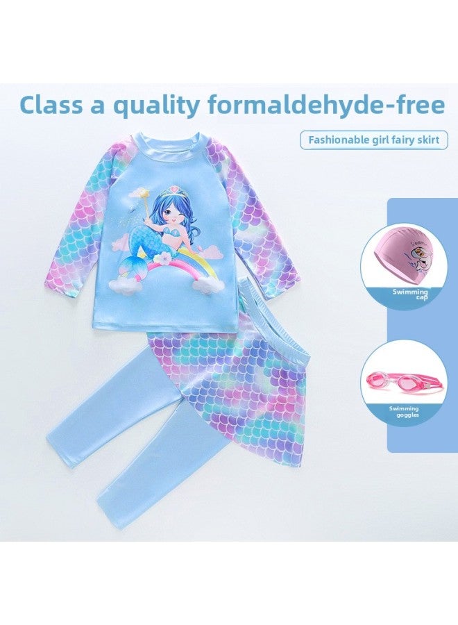 Generic Children's Swimsuit Girls Split Two-piece Long Sleeve Swimsuit Mermaid Children's Clothing Swimsuit Wholesale-Color:light Blue (swimsuit Cap Goggles)- - Image 1