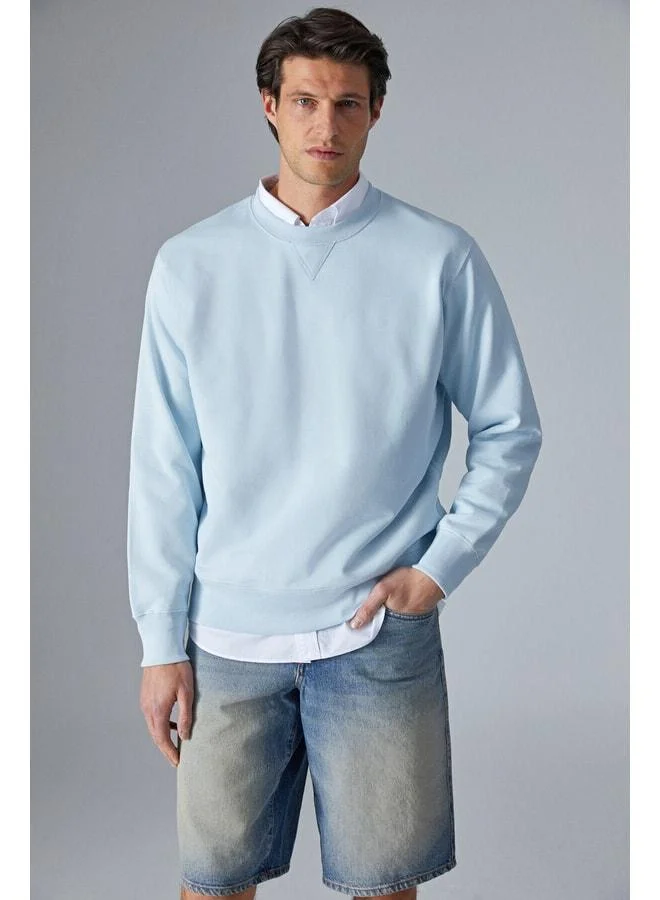 GRIMELANGE BONELL Men's 100% Cotton Relaxed Bicycle Neck Long Sleeve Light Blue Sweatshirt.