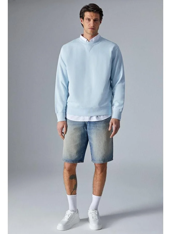 GRIMELANGE BONELL Men's 100% Cotton Relaxed Bicycle Neck Long Sleeve Light Blue Sweatshirt.