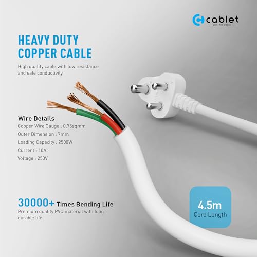 Cablet 3 Way Extension Board - 3 Universal Socket + 1 Switch, 10A and 2500W - 4.5m Heavy Duty Cable - White, Medium (Cablet 3010-45) - Image 5