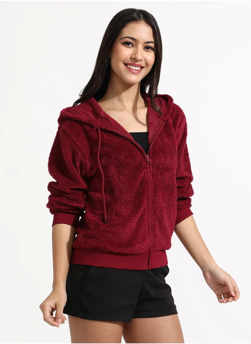 Campus Sutra Women's Carmine Red Zip-Front Fleece Hoodie