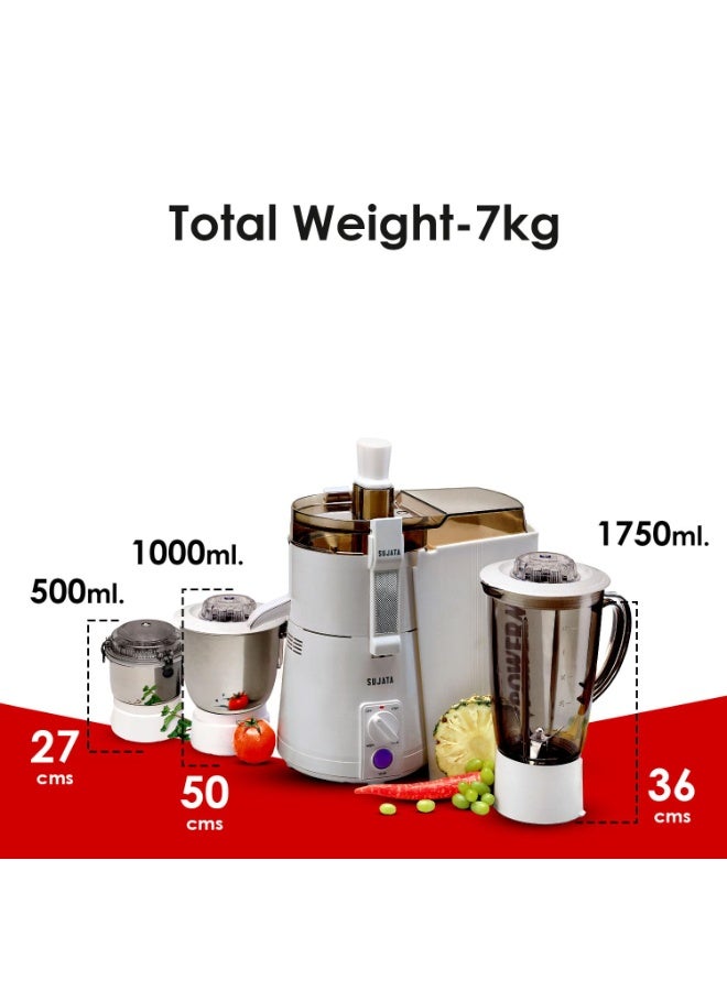 Sujata Powermatic Maxima Juicer Mixer Grinder|900 Watts Double Ball Bearing Motor|22000 RPM|Non-Stop 90 Mins Running|3 Jars including 1750ml Blender, 1000ml Grinder, 500ml Chutney Jar| (White) - Image 4