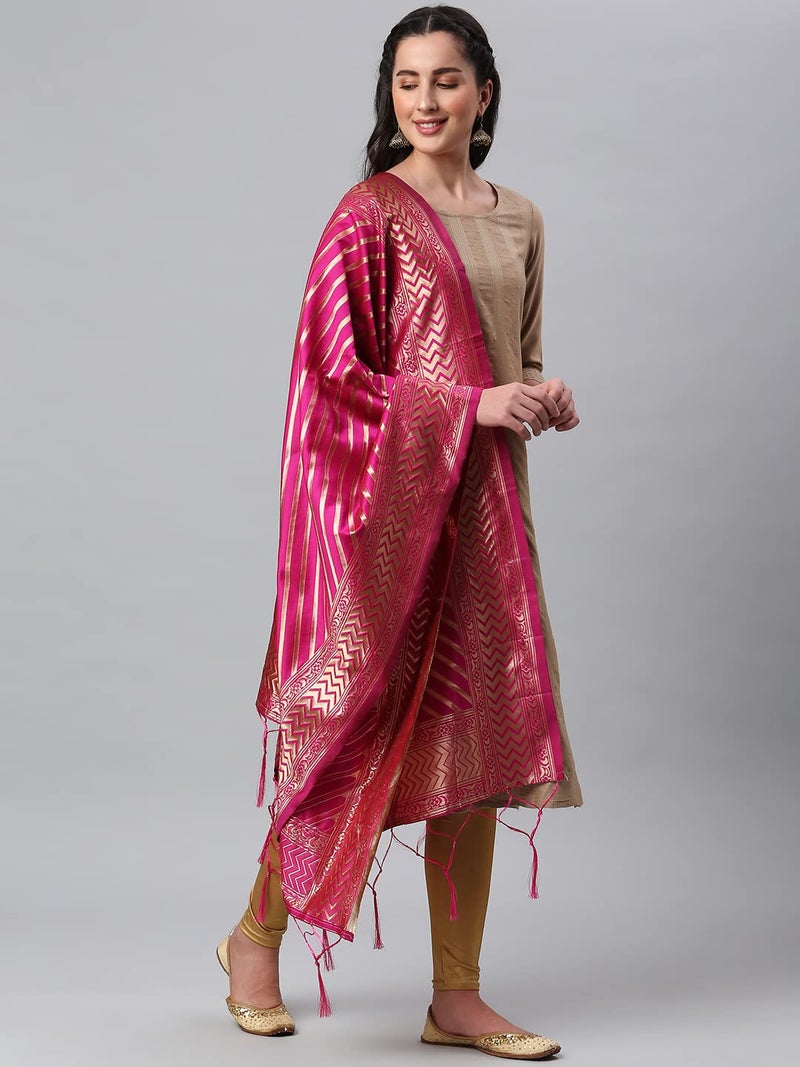 Lilots Women's Banarasi Silk Jacquard Woven Dupatta Gorgeous Printed Chunni (Rani Pink), Free Size - Image 3