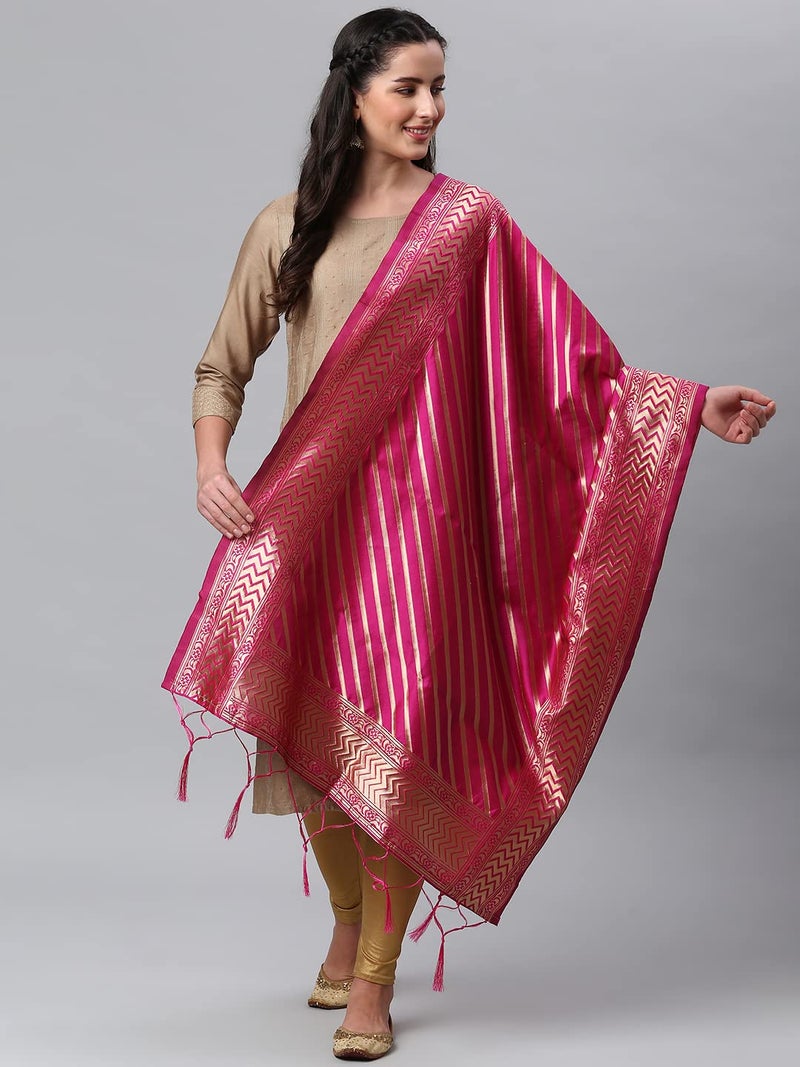 Lilots Women's Banarasi Silk Jacquard Woven Dupatta Gorgeous Printed Chunni (Rani Pink), Free Size - Image 2