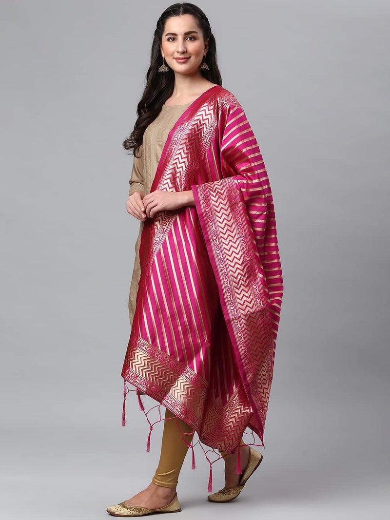 Lilots Women's Banarasi Silk Jacquard Woven Dupatta Gorgeous Printed Chunni (Rani Pink), Free Size - Image 4