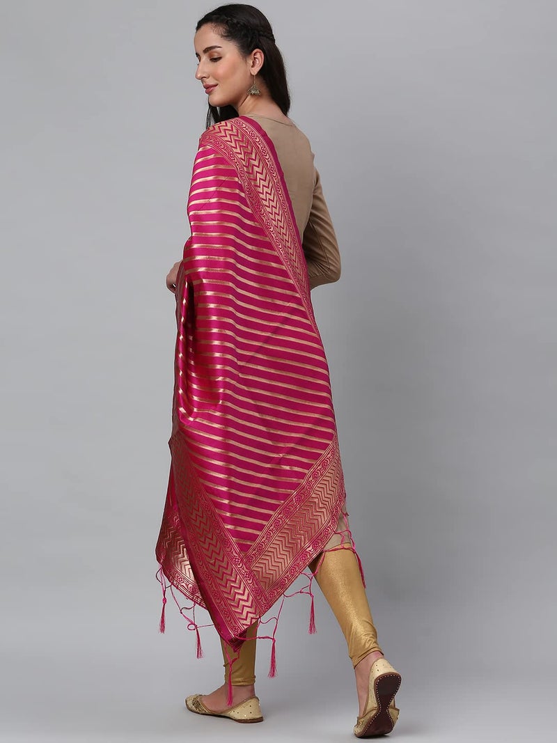 Lilots Women's Banarasi Silk Jacquard Woven Dupatta Gorgeous Printed Chunni (Rani Pink), Free Size - Image 5
