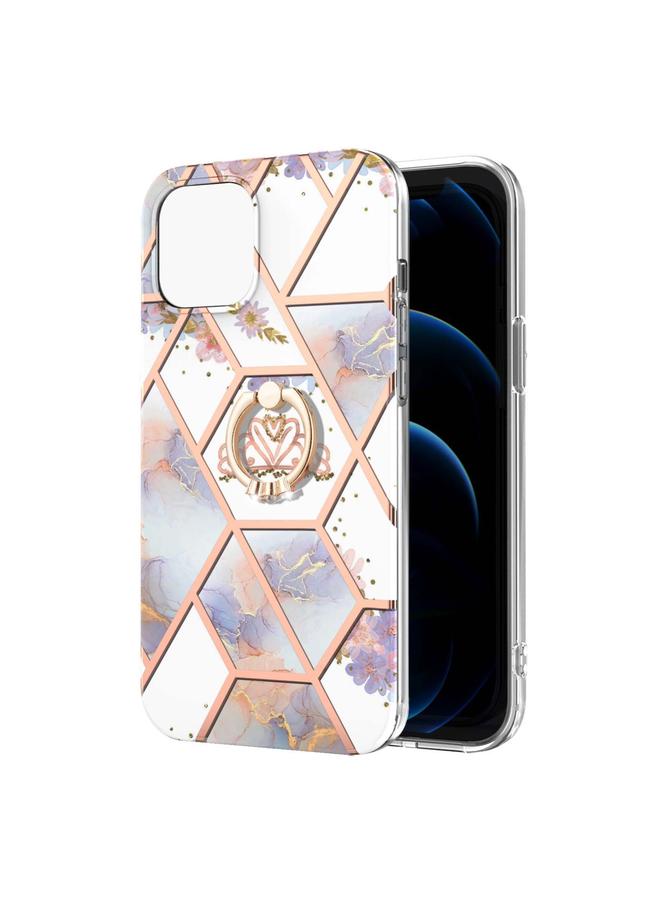 Zaboon Case For iPhone 13 mini Electroplating Splicing Marble Flower Pattern TPU Shockproof Case with Rhinestone Ring Holder - Image 2