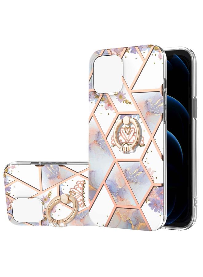 Zaboon Case For iPhone 13 mini Electroplating Splicing Marble Flower Pattern TPU Shockproof Case with Rhinestone Ring Holder - Image 1