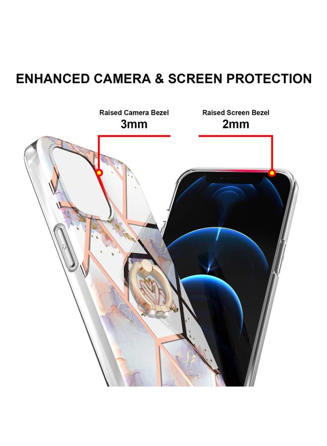 Zaboon Case For iPhone 13 mini Electroplating Splicing Marble Flower Pattern TPU Shockproof Case with Rhinestone Ring Holder - Image 3
