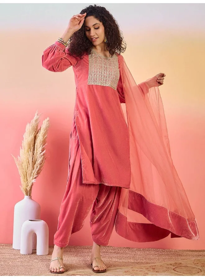 AKS Peach Velvet Pathani Kurta Set With Organza Dupatta