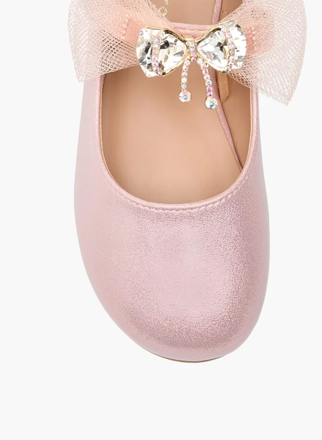 JUNIORS Girls Bow Accent Ballerina Shoes with Hook and Loop Closure