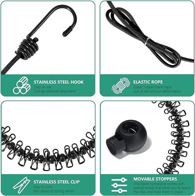 NFI essentials Portable Multi Functional Drying Rope with 12 Clips and 2 HooksPortable Outdoor Travel Clothesline Rope Clothes Hanging Hook - Image 4