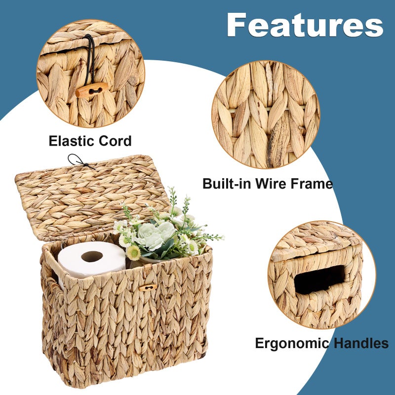 Sumnacon Toilet Paper Basket, Wicker Water Hyacinth Toilet Paper Holder with Handles and Lid, Holds Up to 4 Mega Rolls, Decorative Farmhouse Woven Bathroom Accessories Toilet Tissues Organizer, Small - Image 5