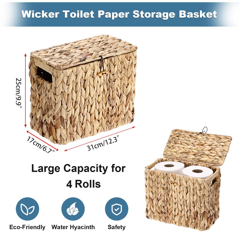 Sumnacon Toilet Paper Basket, Wicker Water Hyacinth Toilet Paper Holder with Handles and Lid, Holds Up to 4 Mega Rolls, Decorative Farmhouse Woven Bathroom Accessories Toilet Tissues Organizer, Small - Image 3