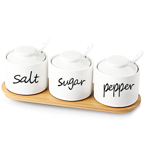 ONTUBE Farmhouse 8oz, Sugar Pepper and Salt Bowls with Lid and Spoon, Ceramics Condiment Pots,Seasoning Jar Spice Container for Kitchen,Dishwasher Safe (White) - Image 1