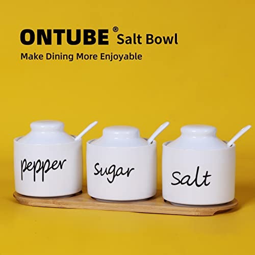 ONTUBE Farmhouse 8oz, Sugar Pepper and Salt Bowls with Lid and Spoon, Ceramics Condiment Pots,Seasoning Jar Spice Container for Kitchen,Dishwasher Safe (White) - Image 3