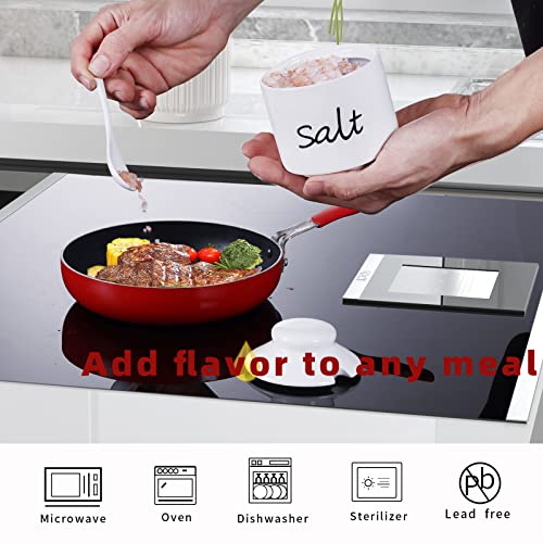 ONTUBE Farmhouse 8oz, Sugar Pepper and Salt Bowls with Lid and Spoon, Ceramics Condiment Pots,Seasoning Jar Spice Container for Kitchen,Dishwasher Safe (White) - Image 5