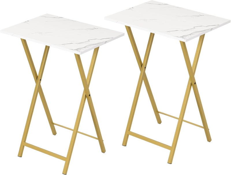 HOOBRO Folding TV Tray Tables, Set of 2 Side Table for Small Space, Portable Snack Tables for Eating at Couch, Stable Metal Frame Sofaside Table, Easy Assembly, Space Saving, Marble and Gold DM25BZ01 - Image 1