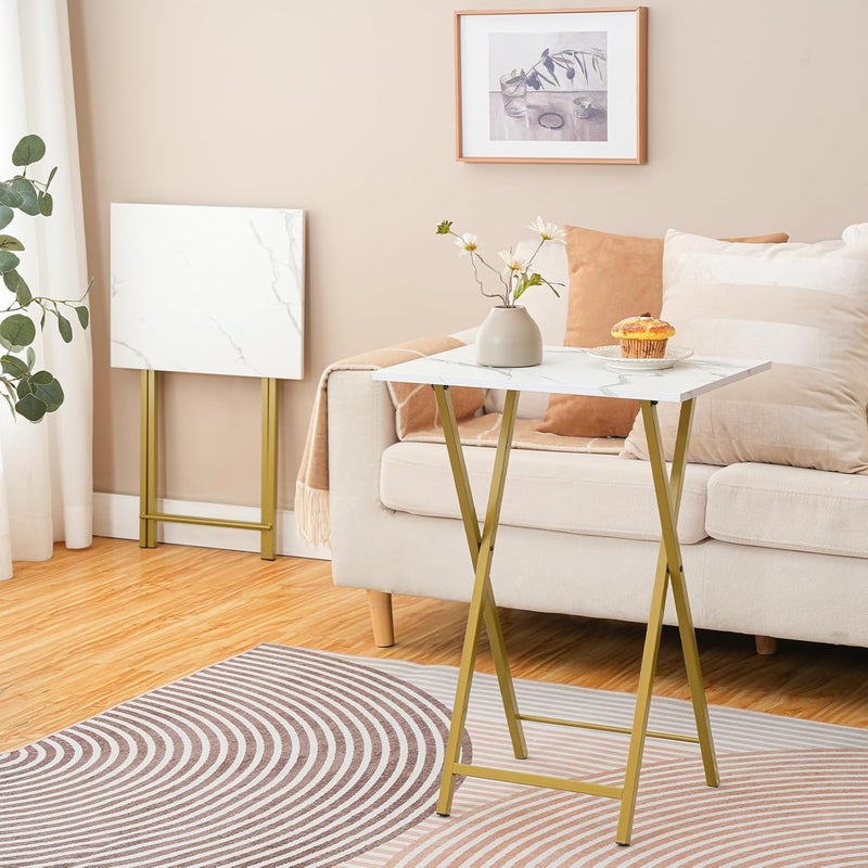 HOOBRO Folding TV Tray Tables, Set of 2 Side Table for Small Space, Portable Snack Tables for Eating at Couch, Stable Metal Frame Sofaside Table, Easy Assembly, Space Saving, Marble and Gold DM25BZ01 - Image 4