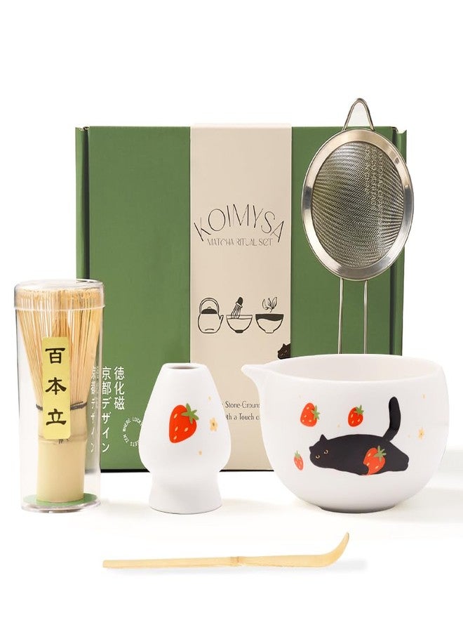 KOIMYSA Cute Matcha Whisk Set with Cat and Strawberry Pattern Matt Matcha Bowl, 5PCS Traditional Bamboo Whisk Kit, Chasen and Chashaku, White - Image 1