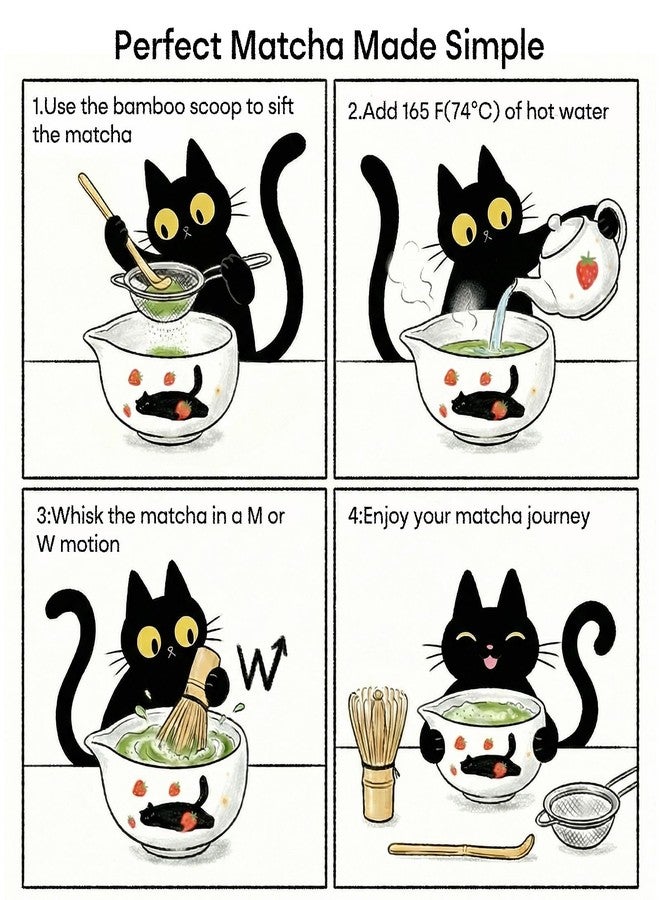 KOIMYSA Cute Matcha Whisk Set with Cat and Strawberry Pattern Matt Matcha Bowl, 5PCS Traditional Bamboo Whisk Kit, Chasen and Chashaku, White - Image 5