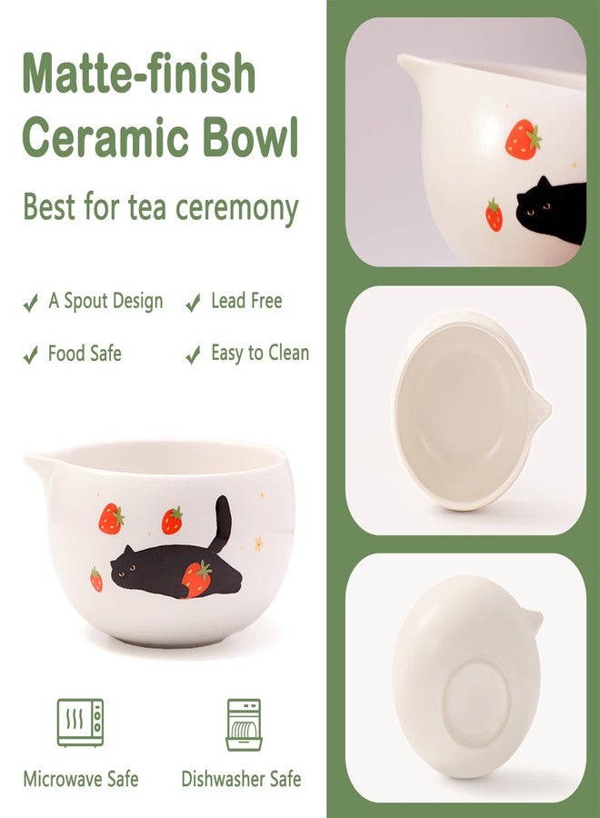 KOIMYSA Cute Matcha Whisk Set with Cat and Strawberry Pattern Matt Matcha Bowl, 5PCS Traditional Bamboo Whisk Kit, Chasen and Chashaku, White - Image 2