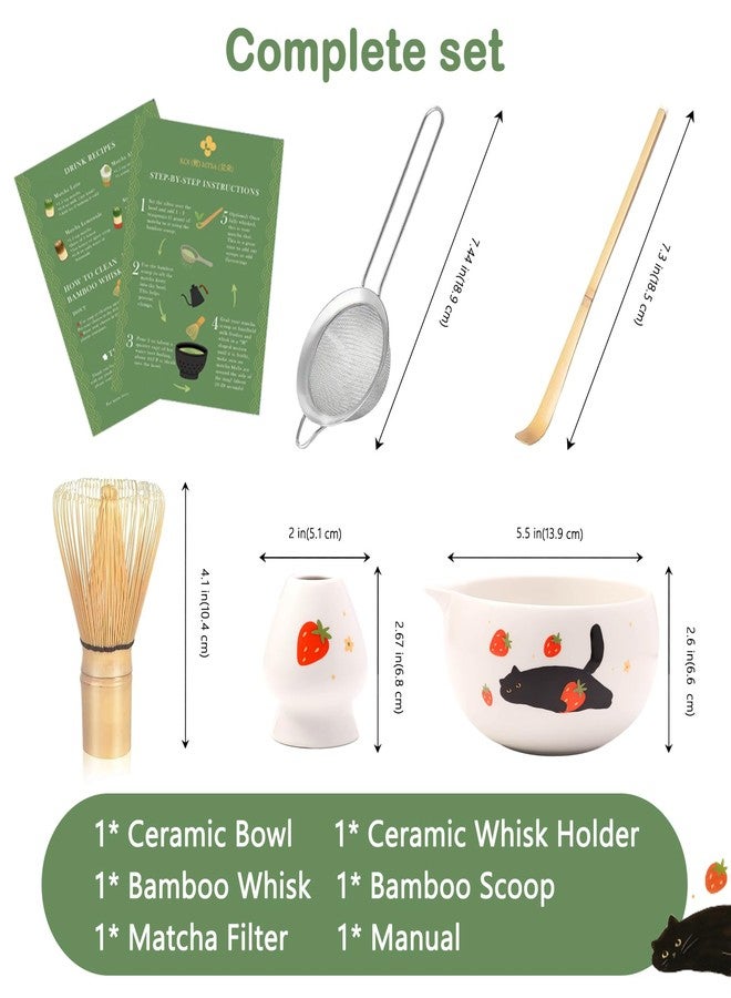 KOIMYSA Cute Matcha Whisk Set with Cat and Strawberry Pattern Matt Matcha Bowl, 5PCS Traditional Bamboo Whisk Kit, Chasen and Chashaku, White - Image 3
