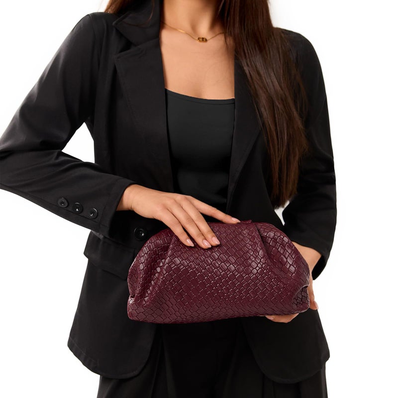 PHILOMENA Women's Woven Evening Bag Vegan Leather Clutch Purse Dumpling Ruched Bag Party Wedding Elegant Handbags (Wine Red) - Image 2
