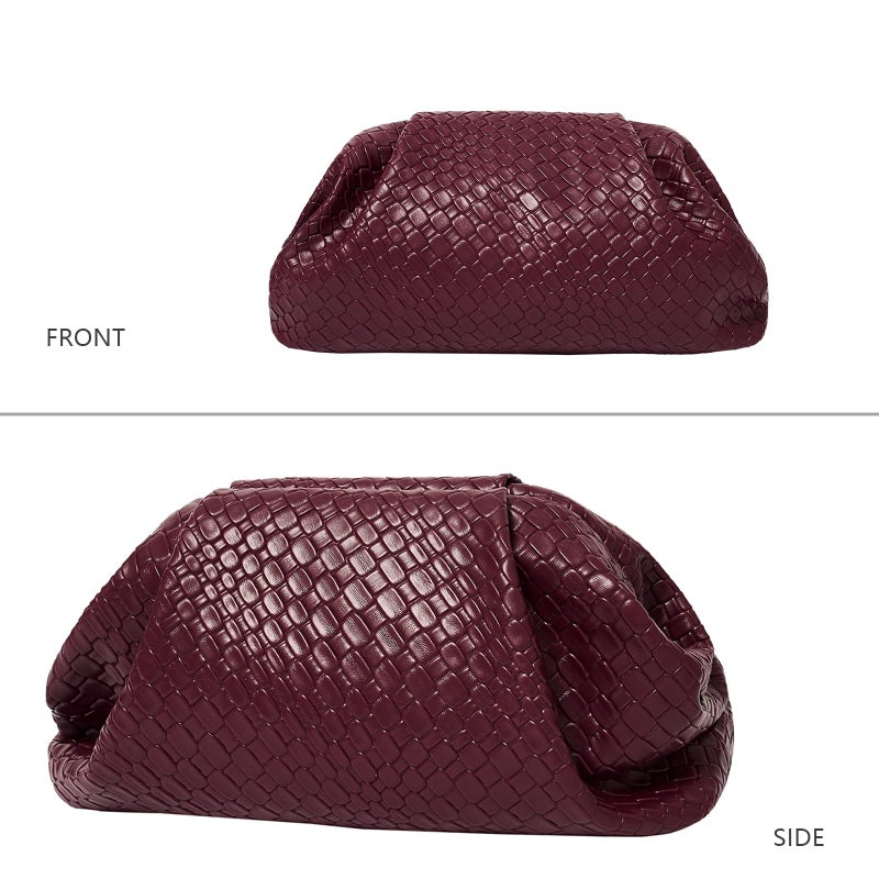 PHILOMENA Women's Woven Evening Bag Vegan Leather Clutch Purse Dumpling Ruched Bag Party Wedding Elegant Handbags (Wine Red) - Image 3