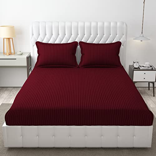 HOMECROWN Microfiber Soft Cotton King Size Double Bedsheet Set with 2 Pillow Covers – Elegant Satin Striped Design (90x100 inches) Ideal for Home, Hotels, and Guest Rooms – Maroon Color - Image 1