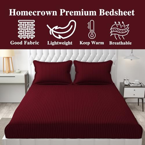 HOMECROWN Microfiber Soft Cotton King Size Double Bedsheet Set with 2 Pillow Covers – Elegant Satin Striped Design (90x100 inches) Ideal for Home, Hotels, and Guest Rooms – Maroon Color - Image 4