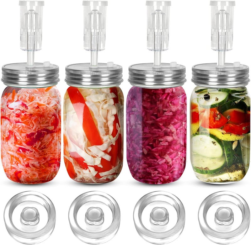 Samshow Fermentation Kit-4 Glass Fermentation Weights,4 Fermenting Lids,4 airlocks,4 Silicone Rings,5 Silicone Grommet for Wide Mouth Mason Jar for Sauerkraut,Vegetables and Other Fermented Food - Image 1