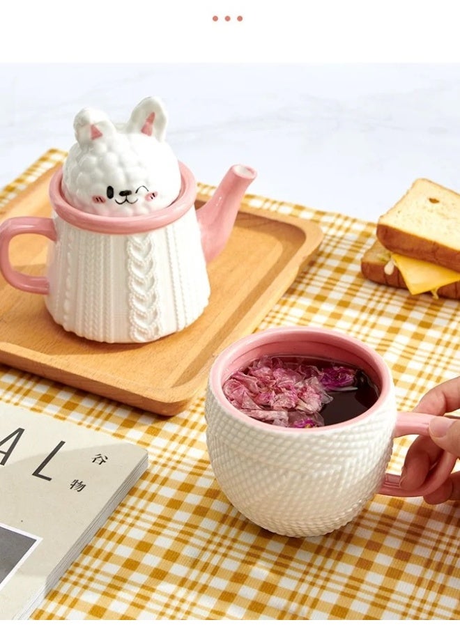 طقم إبريق شاي خزفي على شكل أرنب لطيف مع كوب ماء لشخص واحد في المنزل، إبريق تخفيف - Image 1