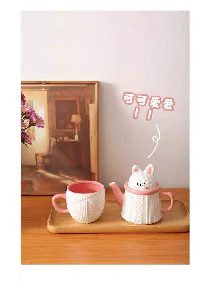 طقم إبريق شاي خزفي على شكل أرنب لطيف مع كوب ماء لشخص واحد في المنزل، إبريق تخفيف - Image 3