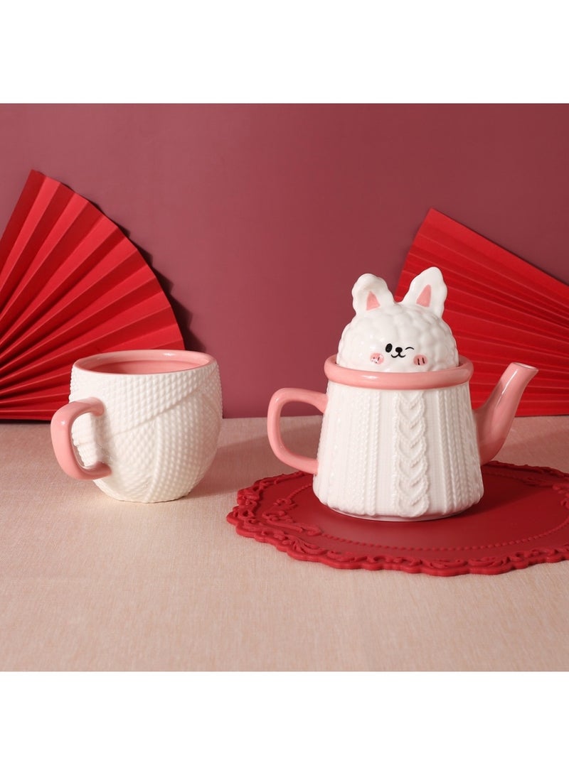 طقم إبريق شاي خزفي على شكل أرنب لطيف مع كوب ماء لشخص واحد في المنزل، إبريق تخفيف - Image 4
