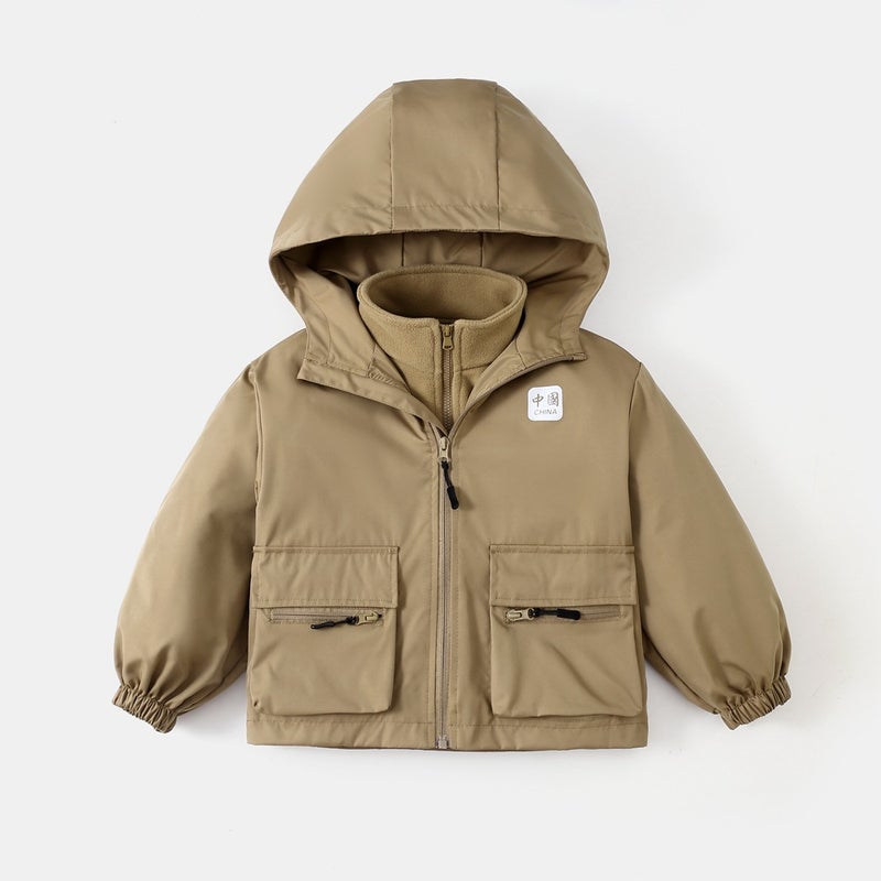Boys' Fleece-Lined Hooded Jacket Children'S Charge Jacket Sports Jacket Three-In-One Spring Autumn Winter Three-Season Jacket - Image 1