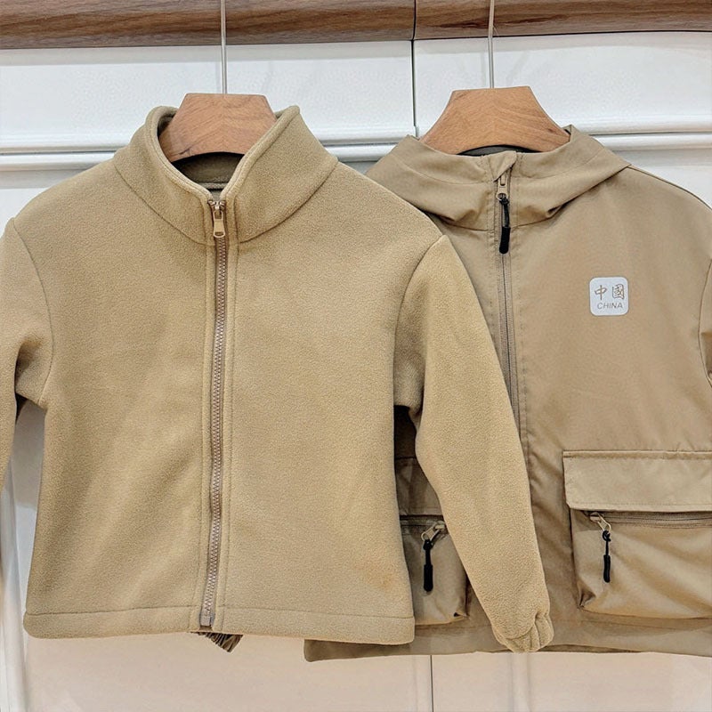 Boys' Fleece-Lined Hooded Jacket Children'S Charge Jacket Sports Jacket Three-In-One Spring Autumn Winter Three-Season Jacket - Image 4
