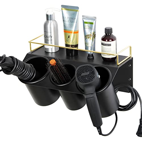 J JACKCUBE DESIGN Hair Dryer Holder Wall Mount Bathroom Vanity Hair Styling Care Tool Accessories 3 Cups Storage Organizer Caddy with Shelf Steel Black Gold- MK1002A (Black) - Image 1