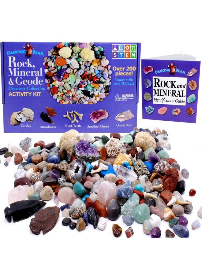 Dancing Bear Rock & Mineral Collection Activity Kit (200+Pcs) With Geodes Shark Teeth Fossils Arrowheads Crystals Gemstones For Kids Rock Book Treasure Hunt Id Sheet Stem Education Made In Usa - Image 1
